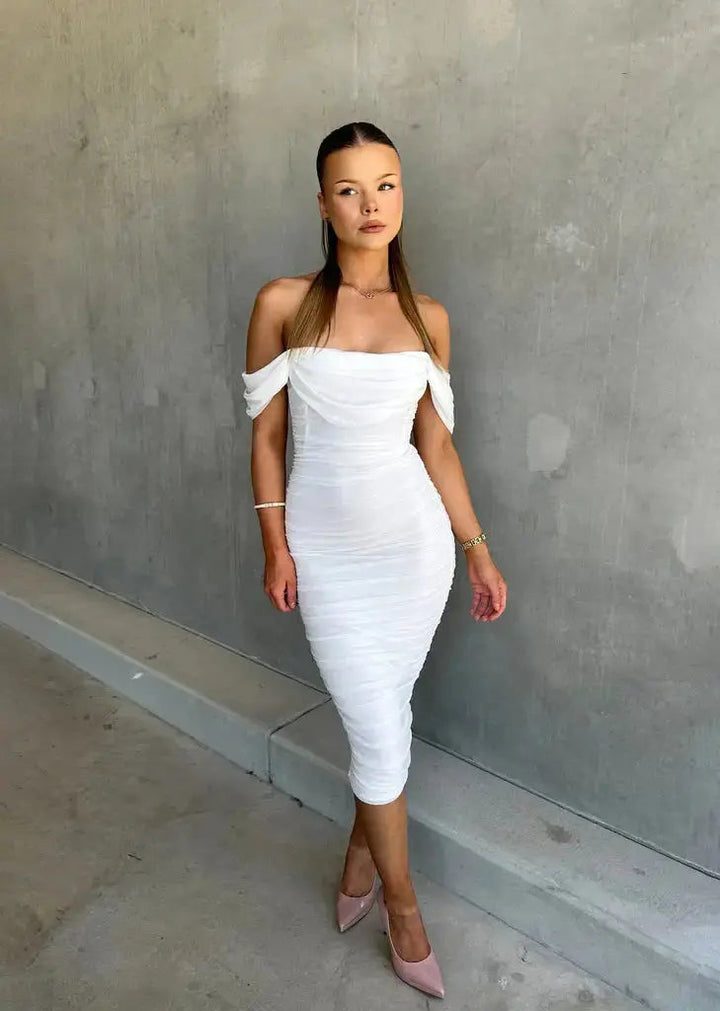 Stylish women's off-shoulder midi bodycon dress. An elegant party or evening gown with a flattering silhouette.