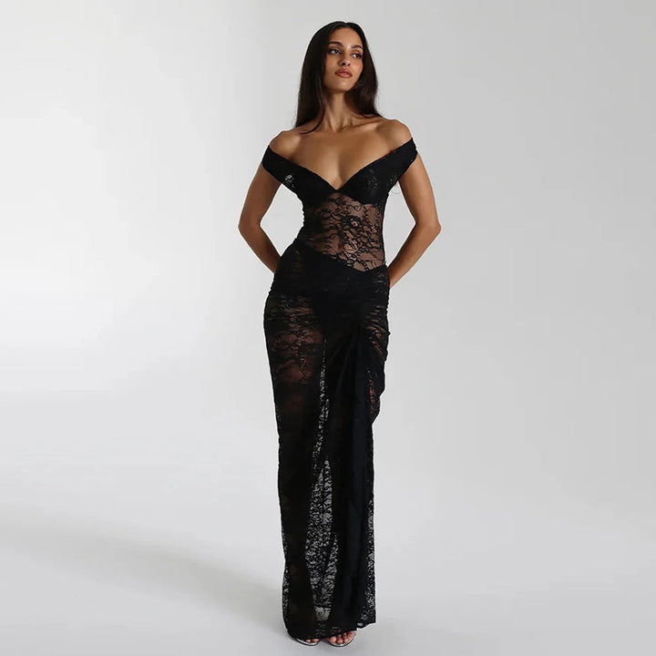 Elegant off-shoulder ruched maxi dress for women, perfect for formal occasions & evening wear. Stylish and flattering.
