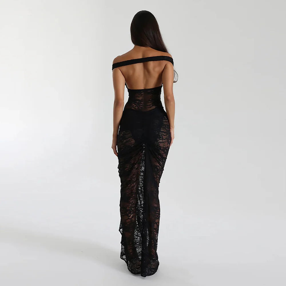 White off-shoulder ruched maxi dress for women. Chic formal evening gown, ideal for parties & summer events.