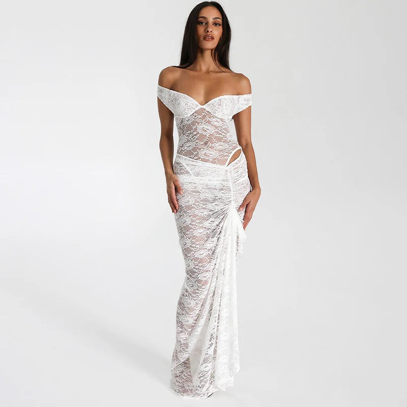 Black off-shoulder ruched maxi dress. Womens elegant formal wear, perfect for evening events & special occasions.