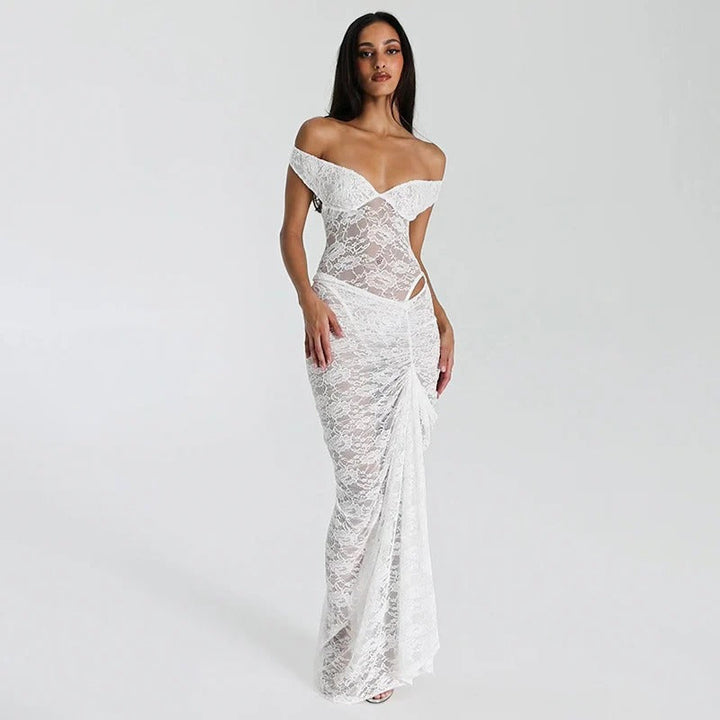 Womens off-shoulder ruched maxi dress. Fashionable long gown with elegant details, ideal for formal parties.