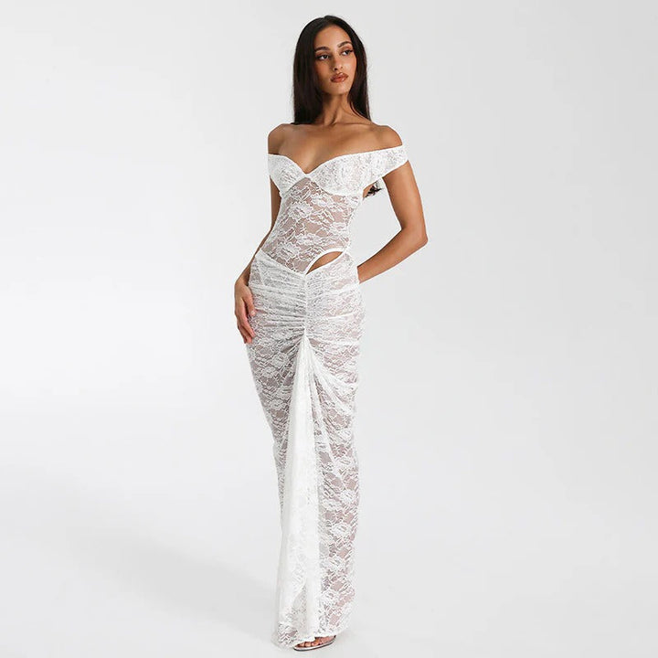 Stylish women's off-shoulder ruched maxi dress. Elegant and versatile for formal events, summer parties & evening wear.