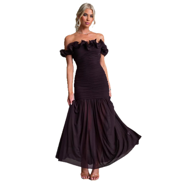 Formal women's off-shoulder maxi dress, featuring chic ruffles. Perfect elegant evening wear for special occasions.