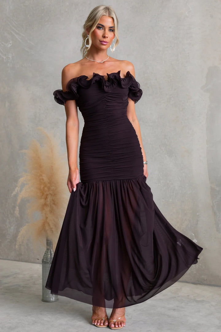 Ruffled off-shoulder maxi dress for women, suitable as an elegant wedding guest outfit.