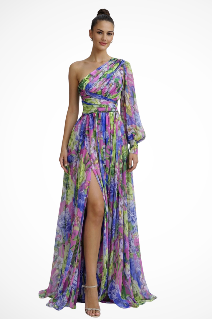 Elegant one-shoulder floral maxi dress in vibrant colors, perfect for wedding guests.