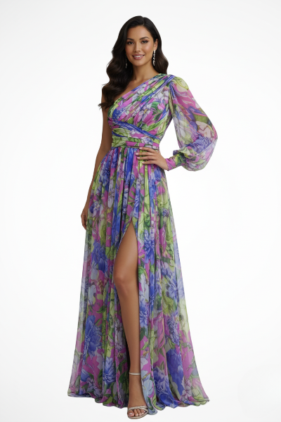 Flowy floral maxi dress with a chic one-shoulder design, ideal for formal events.