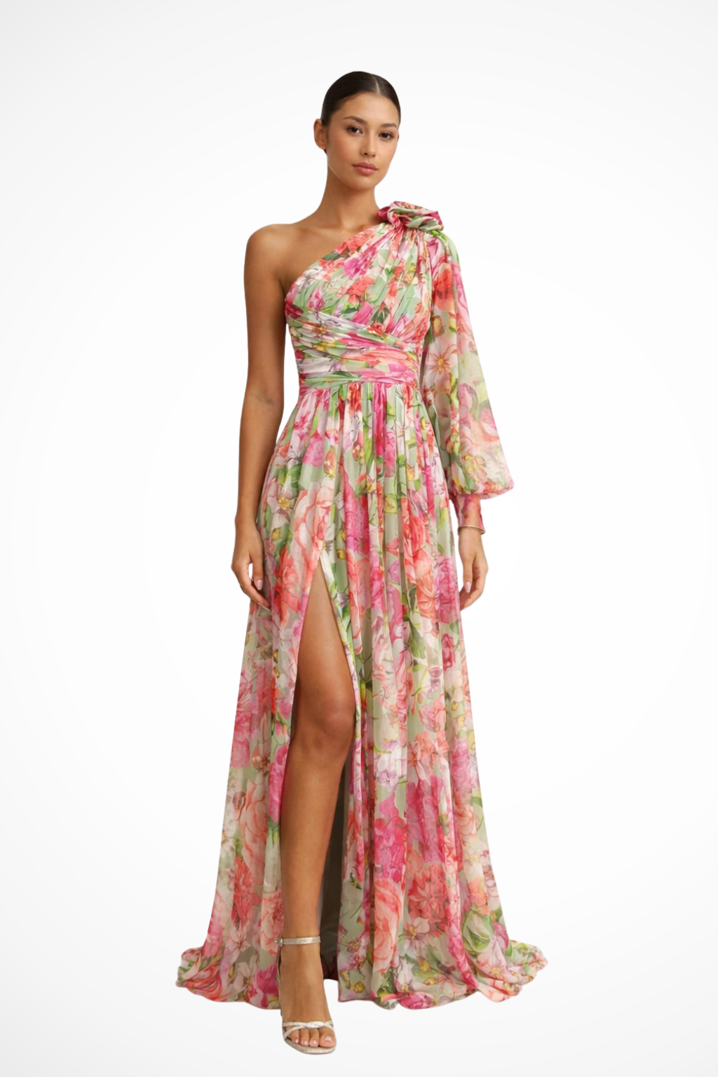 Stunning wedding guest maxi dress featuring a delicate floral print and one-shoulder silhouette.