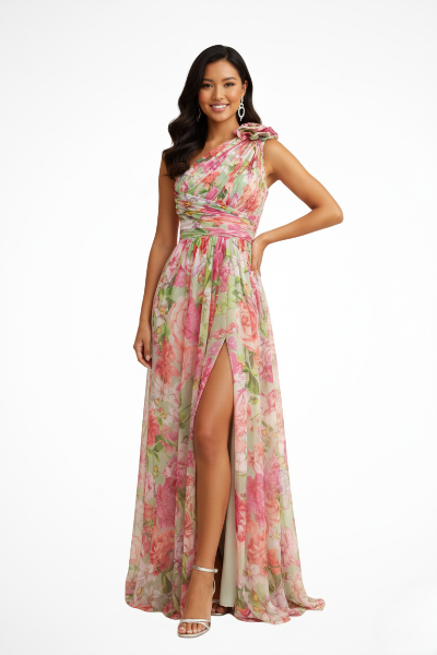 Chic one-shoulder floral party dress, a sophisticated choice for evening celebrations.