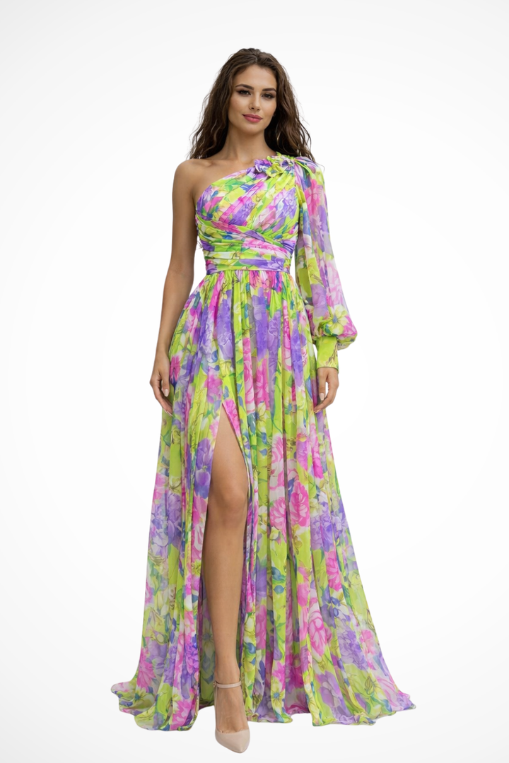 Beautifully printed floral maxi dress with an elegant one-shoulder neckline for summer events.