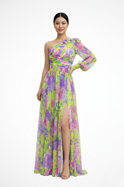 Sophisticated formal one-shoulder dress with a romantic floral pattern for wedding guests.