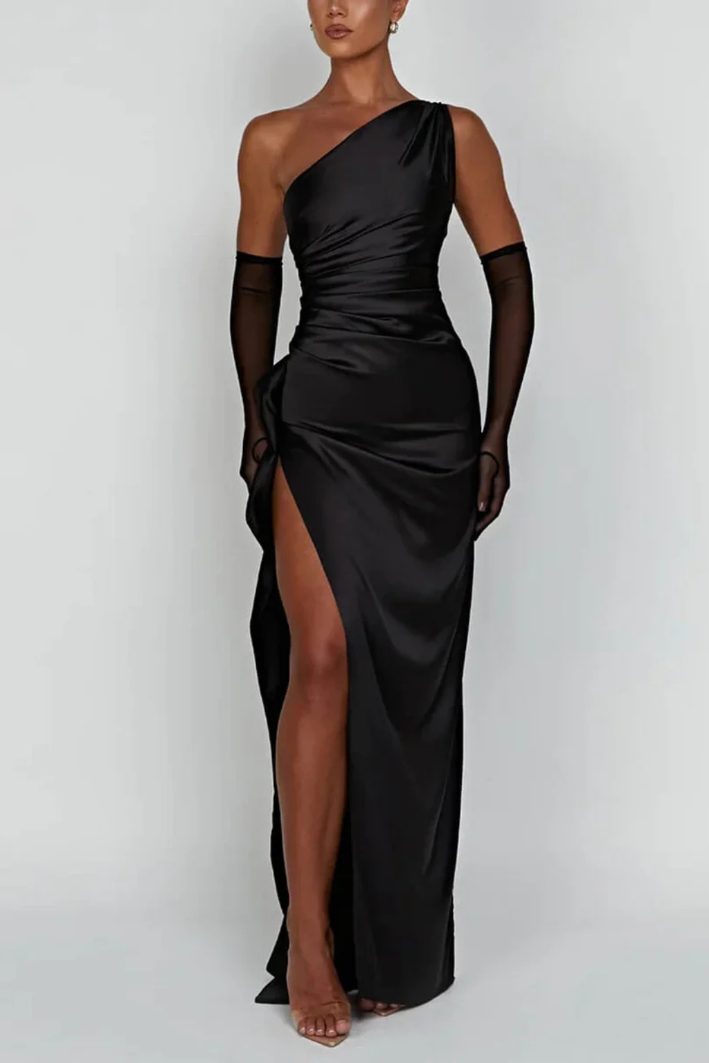 Women's elegant one-shoulder evening dress, a glamorous long party gown with an alluring side split.