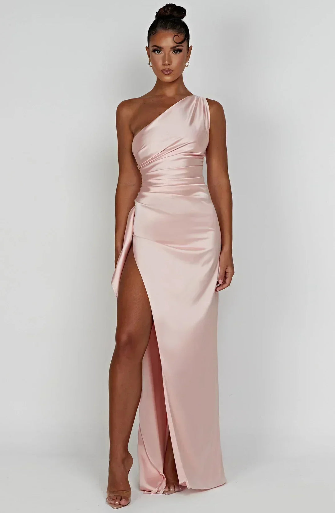 Graceful one-shoulder dress for women, maxi length with an elegant leg slit.