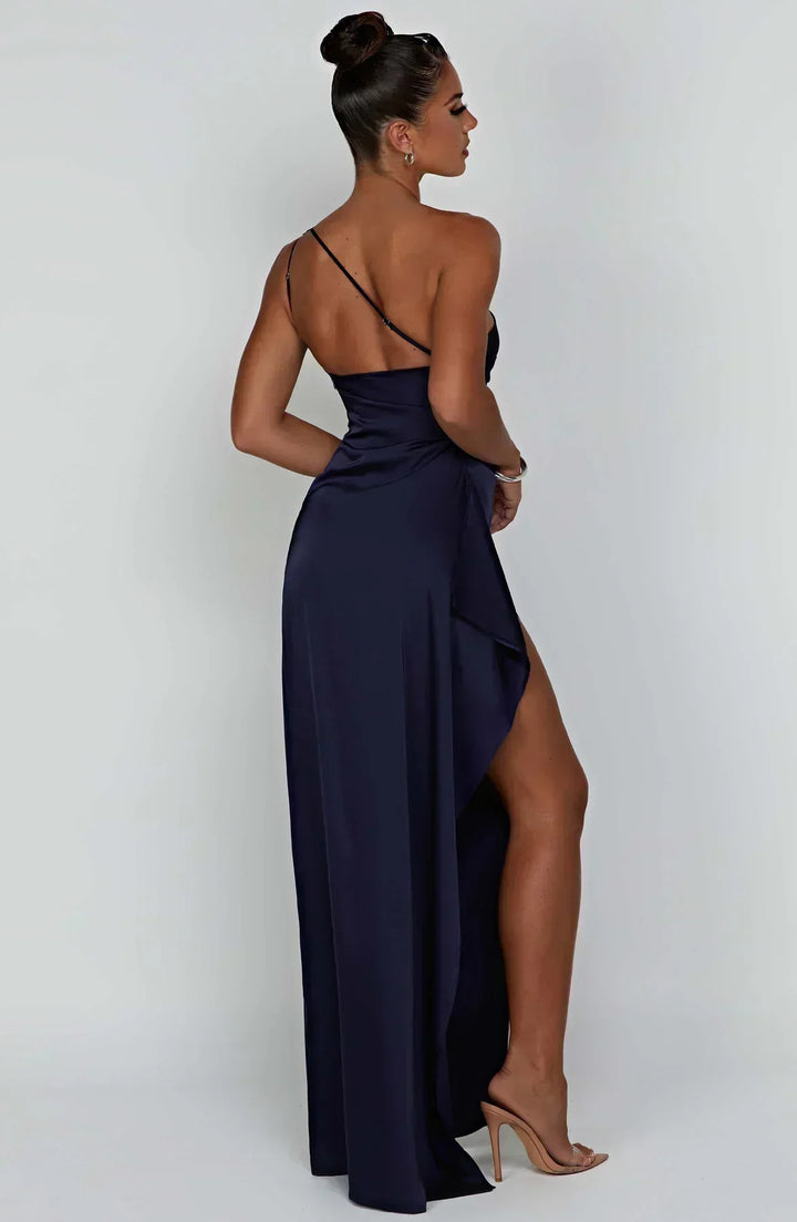Graceful women's special occasion maxi dress, one-shoulder, elegant high slit.