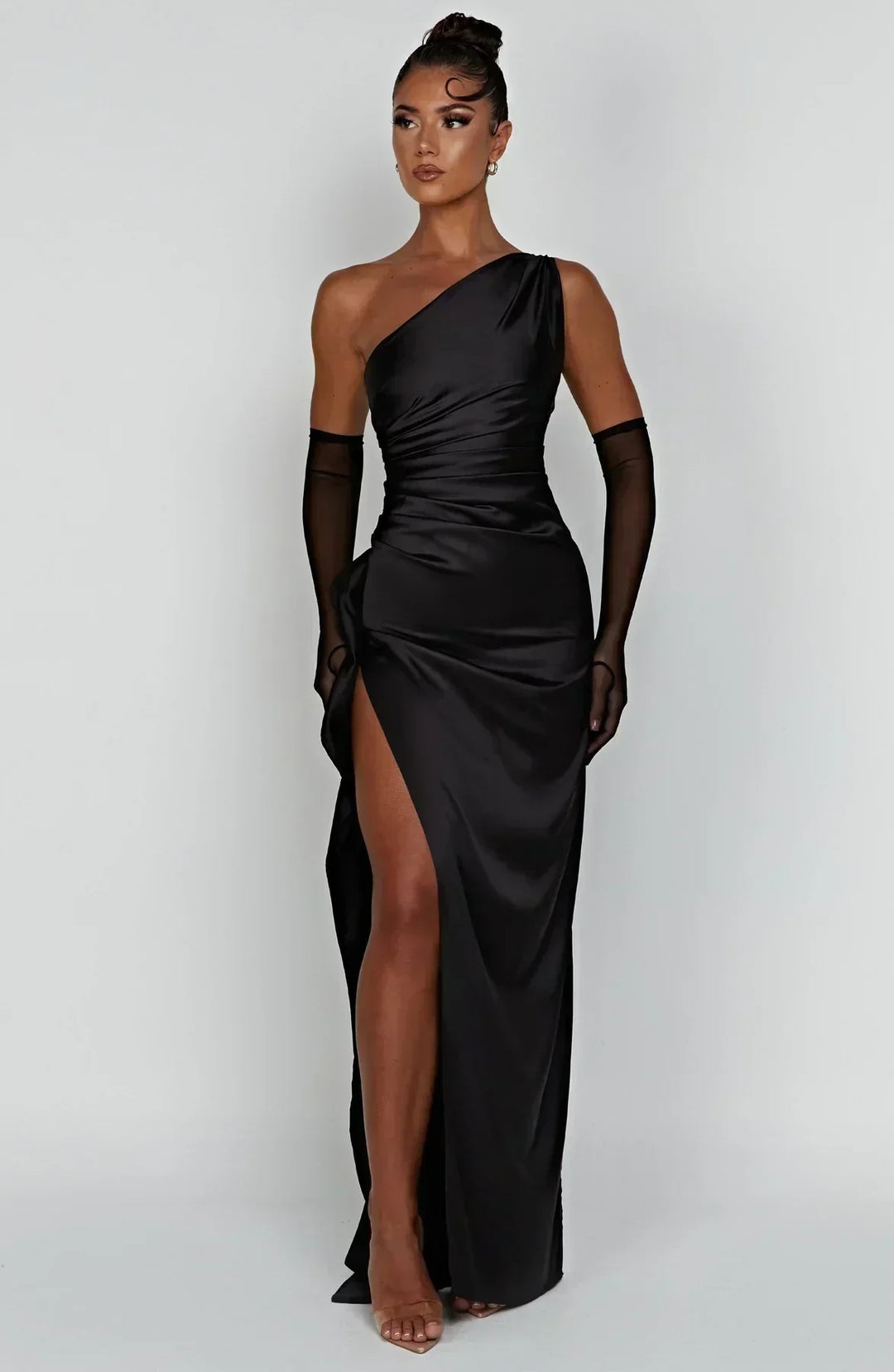 Stunning women's red carpet maxi dress, one-shoulder with a dramatic high slit.