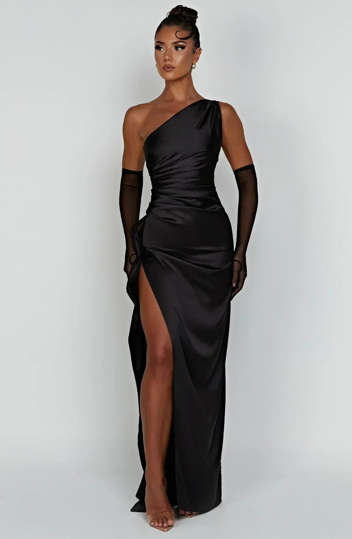 Stunning women's red carpet maxi dress, one-shoulder with a dramatic high slit.