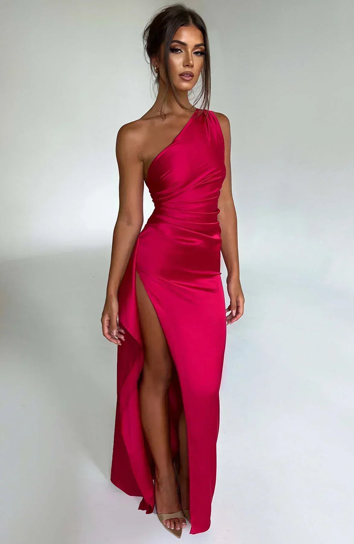 Women's formal evening gown with a chic one-shoulder design & elegant high slit.