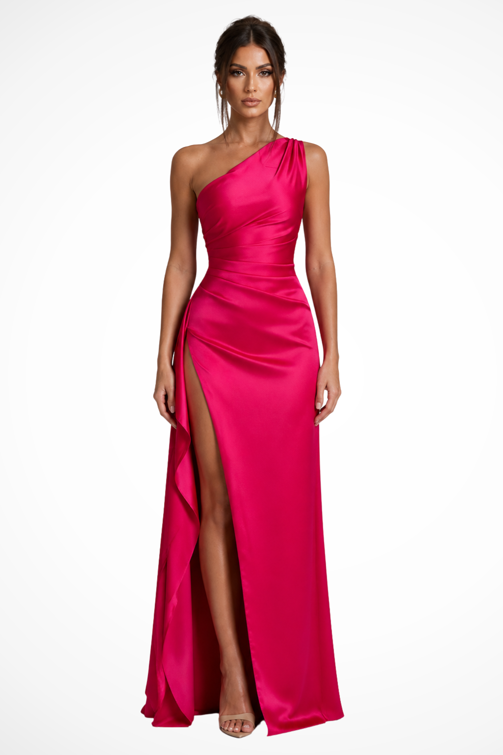 Chic one-shoulder maxi dress, ideal as a wedding guest dress or for special occasion parties. Side split detail.
