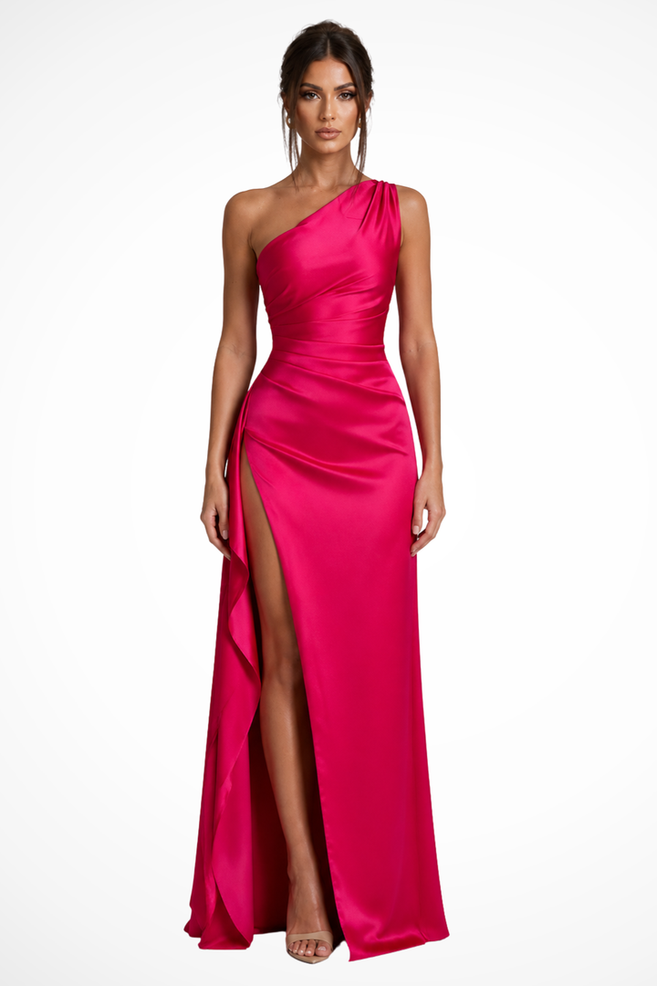 Chic one-shoulder maxi dress, ideal as a wedding guest dress or for special occasion parties. Side split detail.