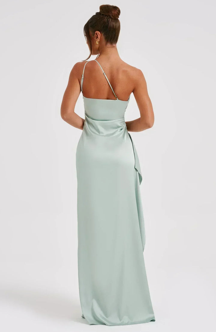 Sophisticated women's one-shoulder evening dress, maxi cut, alluring high slit.