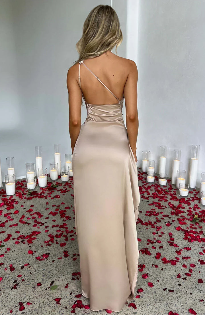 Red carpet ready: elegant one-shoulder maxi dress for women with a high slit.