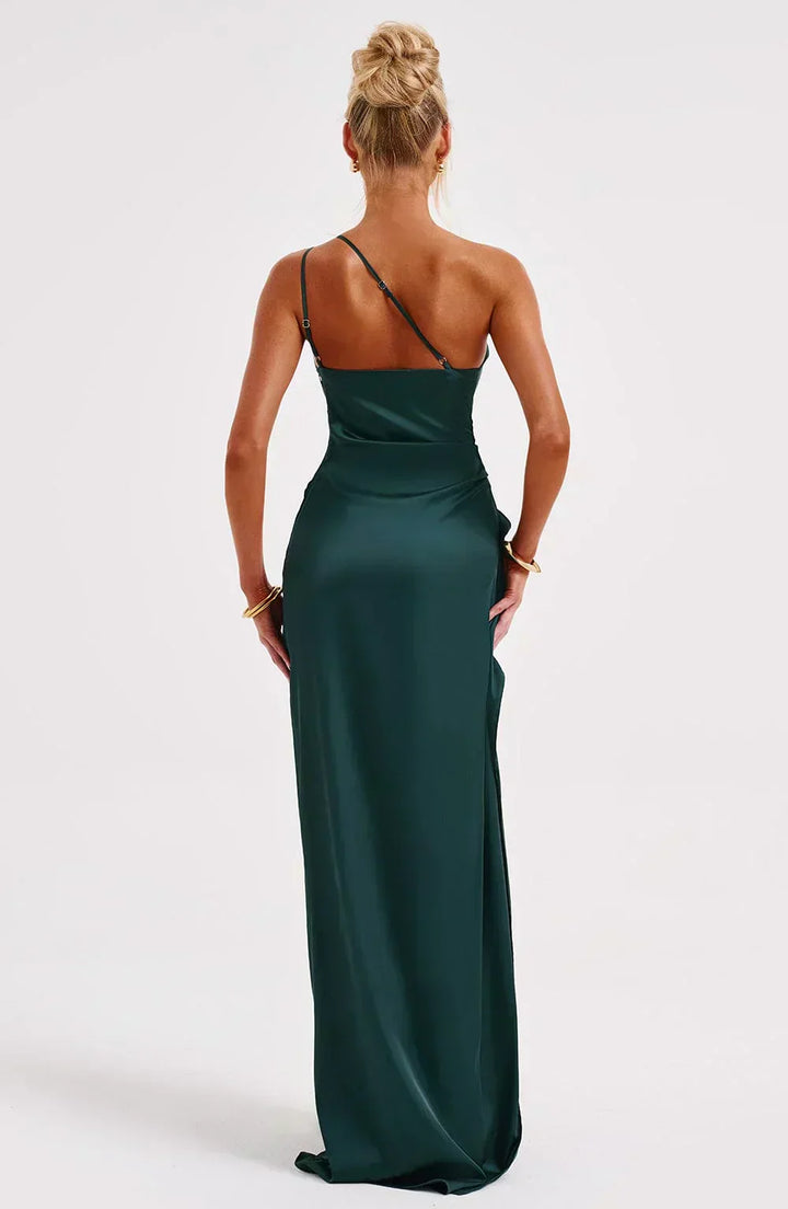 Chic women's one-shoulder formal maxi dress, flowing fabric, high slit.