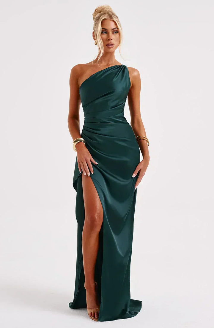 Women's fashion, one-shoulder evening gown, elegant high slit & maxi length.