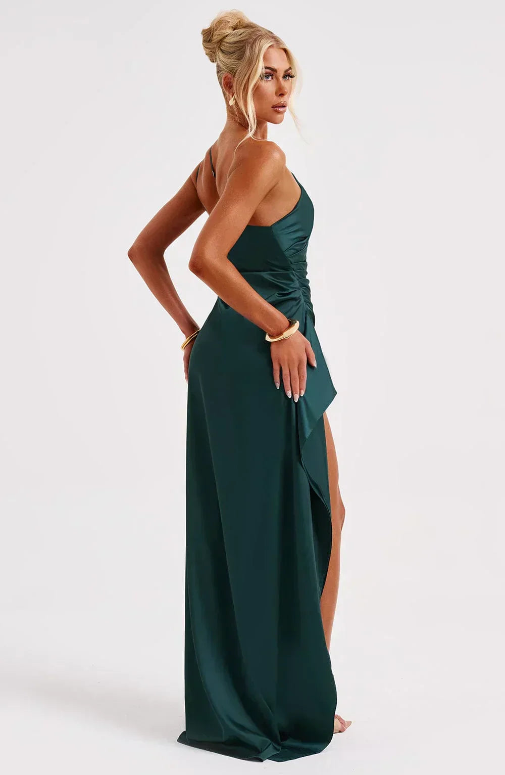 Chic women's red carpet dress, one-shoulder, maxi length, dramatic high slit.