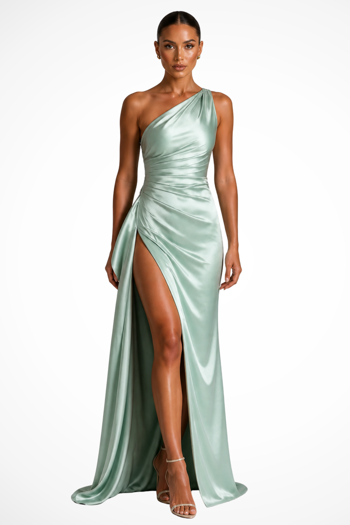 Stunning women's one-shoulder long dress, perfect for galas or special occasions, featuring an elegant side split.