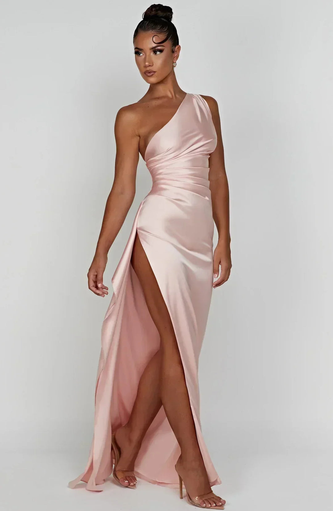 Women's elegant evening dress, one-shoulder silhouette & dramatic high slit.