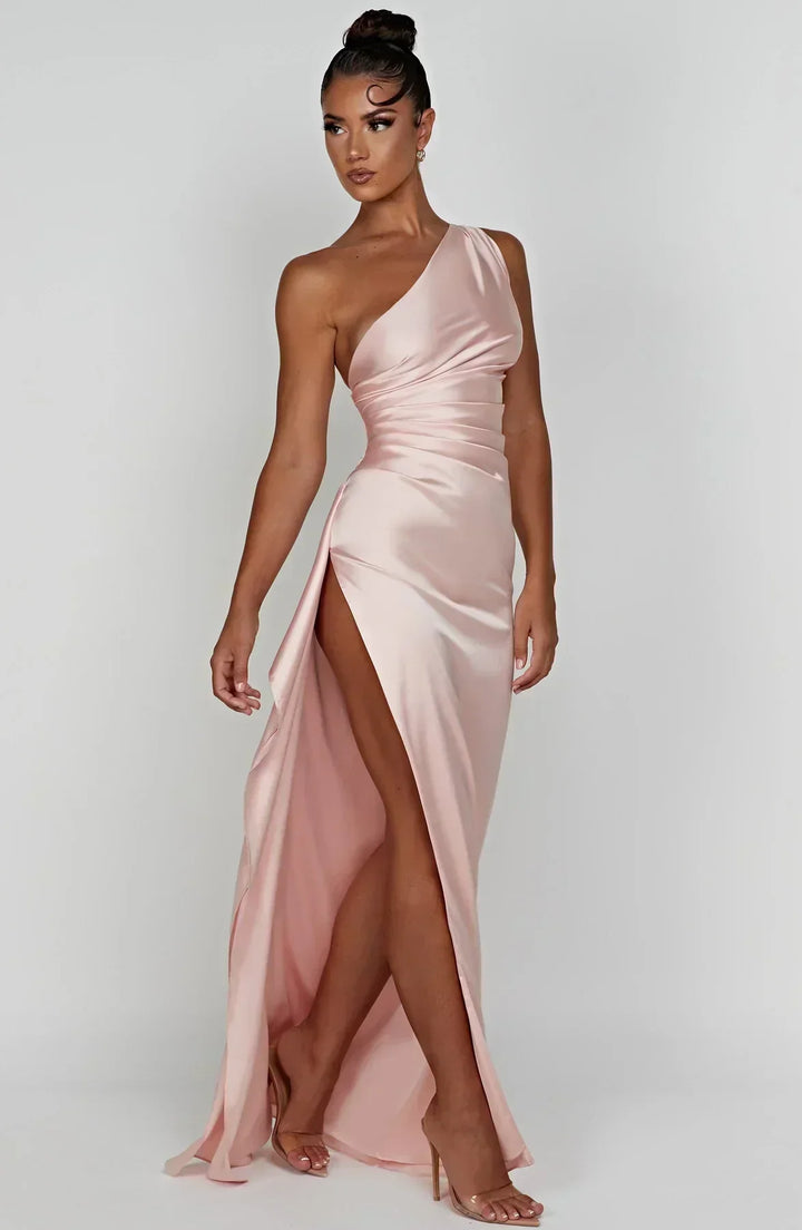 Women's elegant evening dress, one-shoulder silhouette & dramatic high slit.