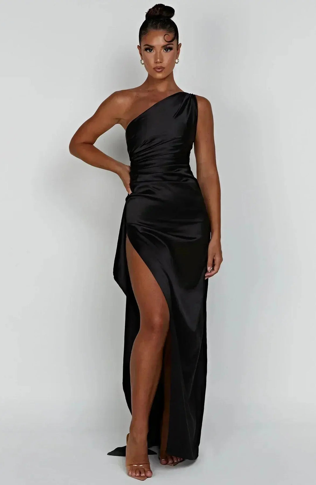 Women's one-shoulder long dress with ruched waist, elegant and chic.