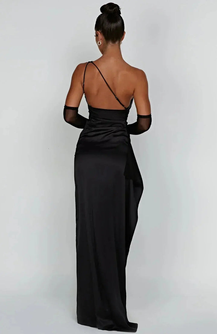 Elegant women's one-shoulder maxi dress, ruched waist, high slit detail.