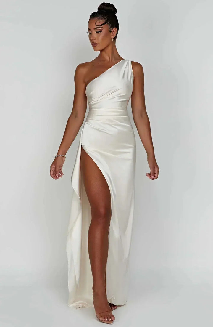 Chic one-shoulder formal maxi dress, ruched waist, perfect for black tie events.