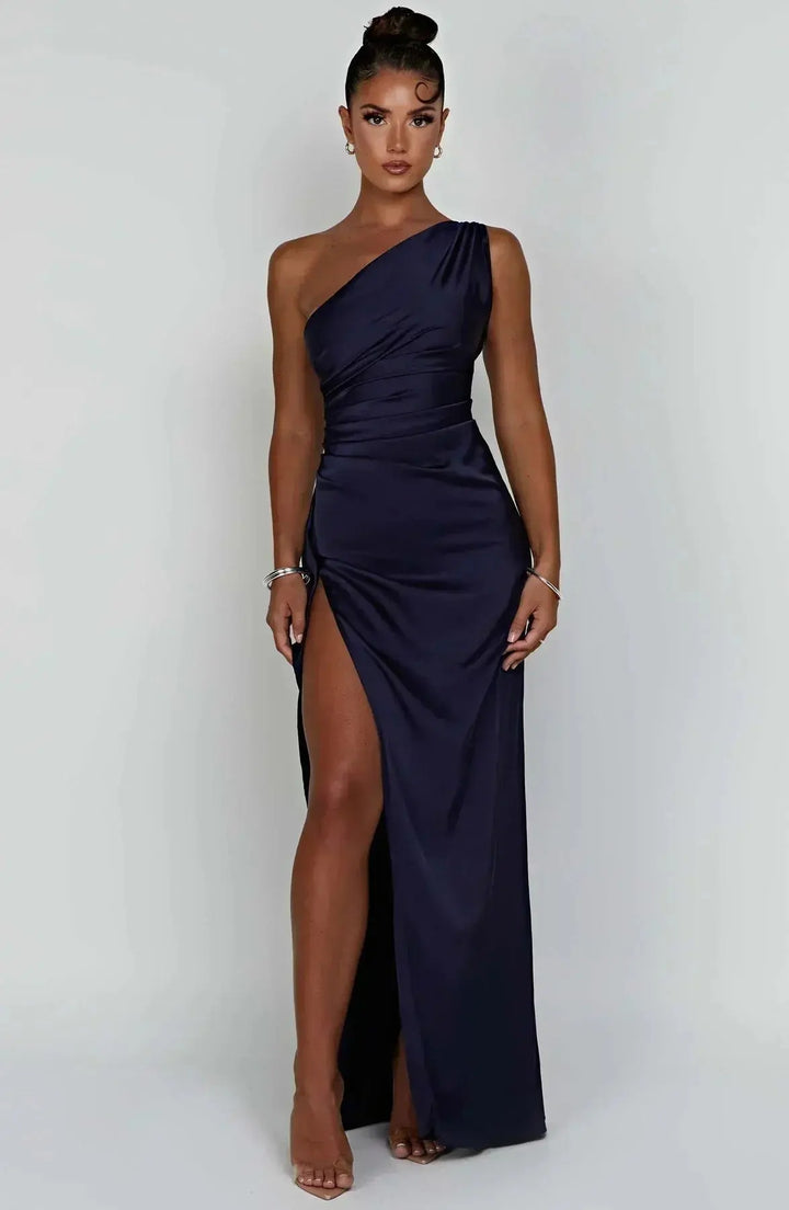 Women's one-shoulder maxi dress, ruched waist detail, elegant and modern.