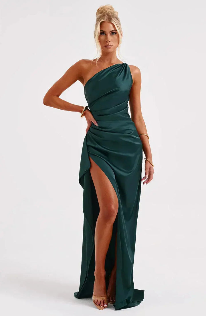 Formal one-shoulder evening dress, ruched waist, women's fashion statement.