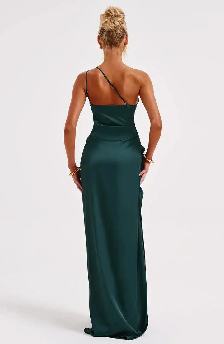 Sophisticated one-shoulder party gown for women, ruched waist, timeless elegance.