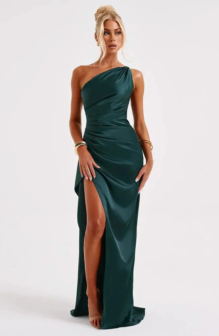 Glamorous one-shoulder formal dress, ruched waist, perfect for red carpet.