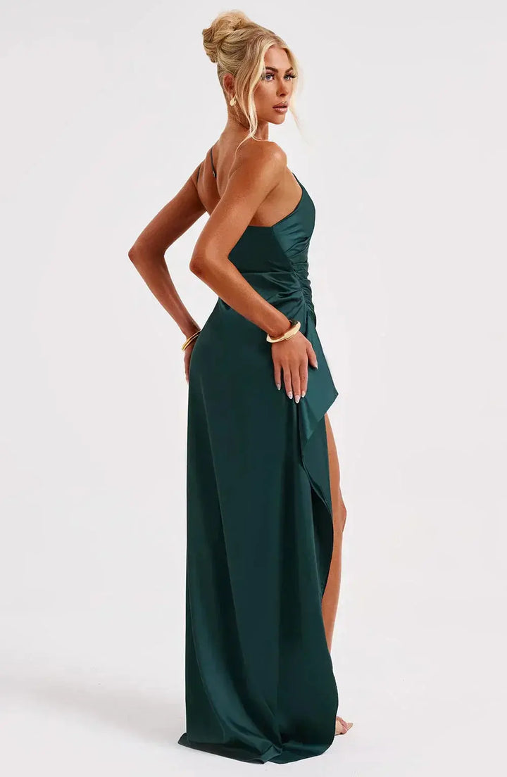 Stylish one-shoulder evening maxi dress, ruched waist, women's ultimate elegance.