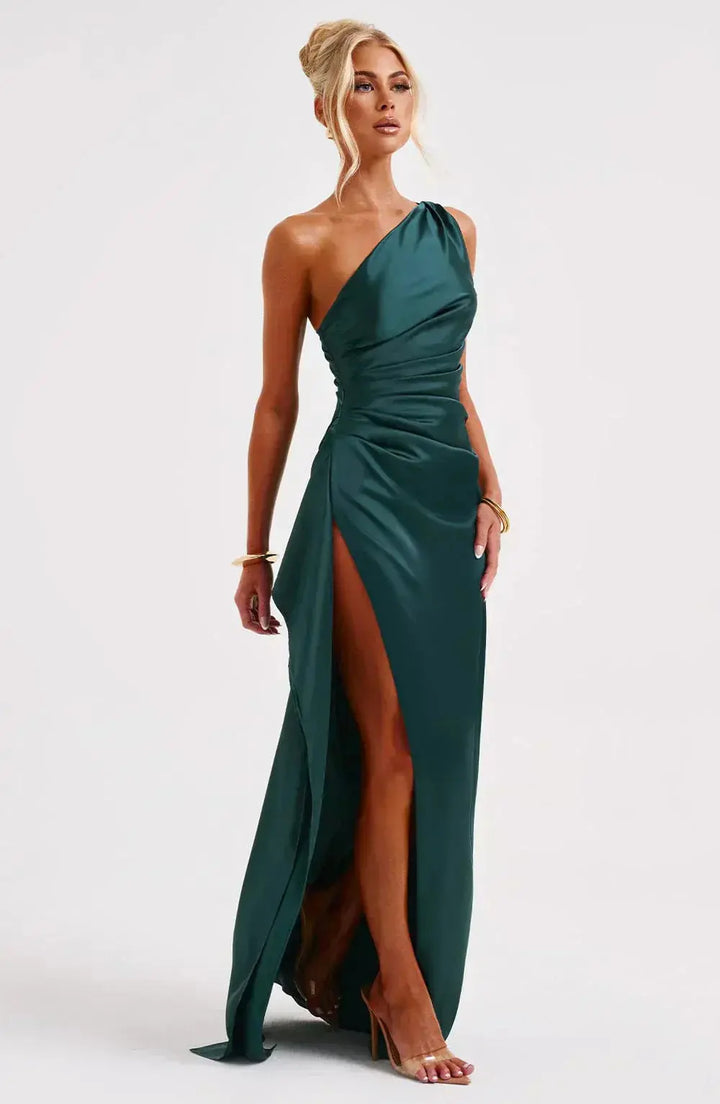 Women's elegant one-shoulder long dress, ruched waist, graceful and flattering.