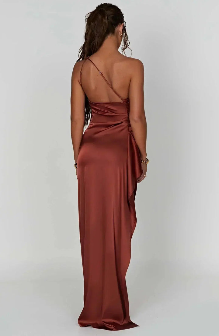 Elegant one-shoulder dress for women, ruched waist, high slit adds allure.