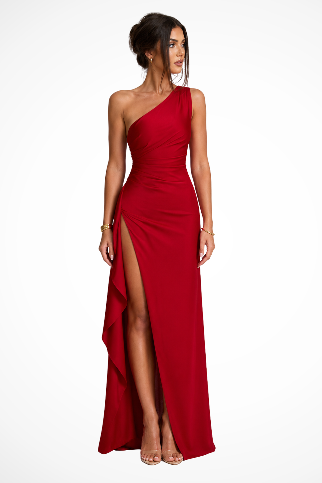 Elegant one shoulder maxi dress for women with a side slit, perfect for wedding guests and formal evening parties.