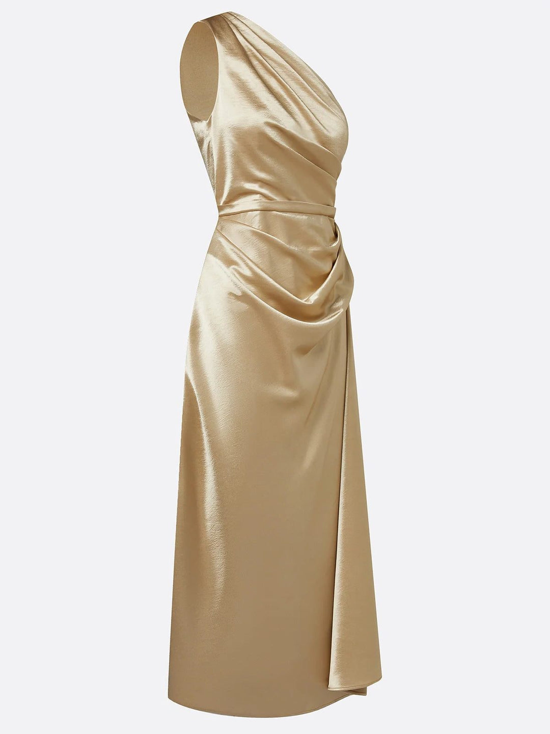 Flattering ruched one-shoulder midi dress for women, suitable for formal parties & wedding guests.