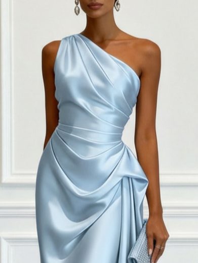 Designer one-shoulder ruched midi dress, an elegant women's formal option for special occasions.