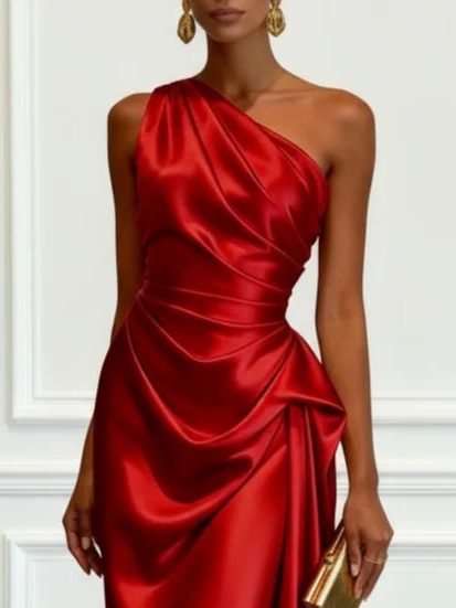 Women's elegant one-shoulder midi dress, featuring graceful ruching, ideal for wedding guests.
