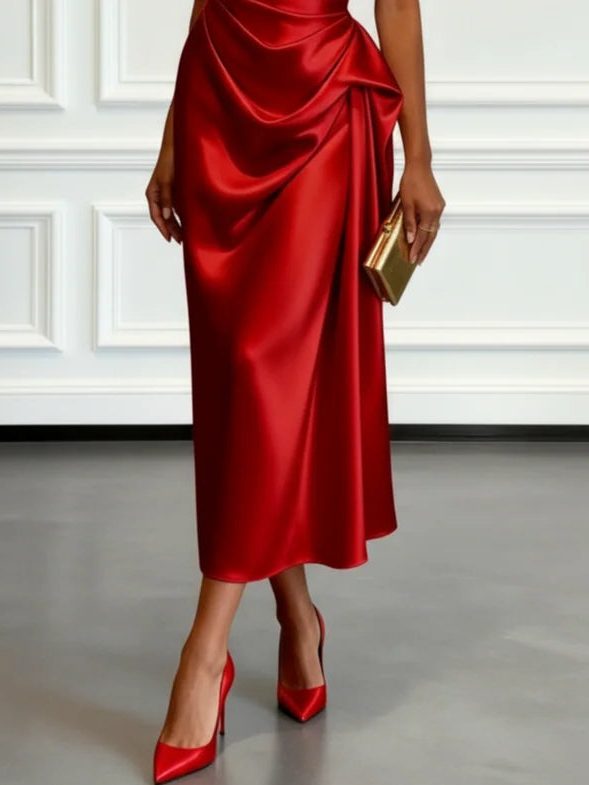 Sophisticated formal midi dress with one-shoulder design and stylish ruching for women's events.