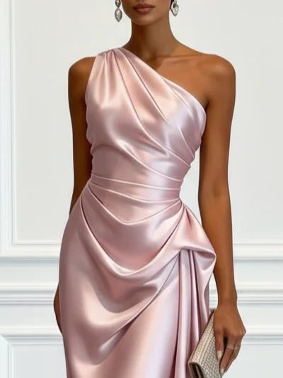 Party-ready one-shoulder ruched midi dress for women, elegant and perfect for evening occasions.