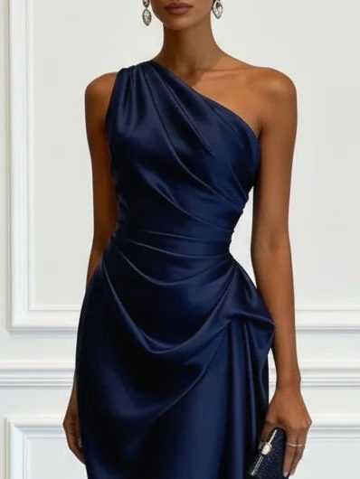 Elegant women's one-shoulder midi dress, ruched for a flattering silhouette, perfect for weddings.