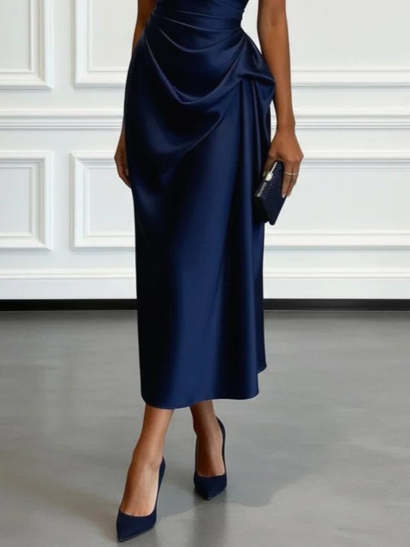 Versatile one-shoulder ruched midi dress, formal and elegant for women's cocktail or evening wear.