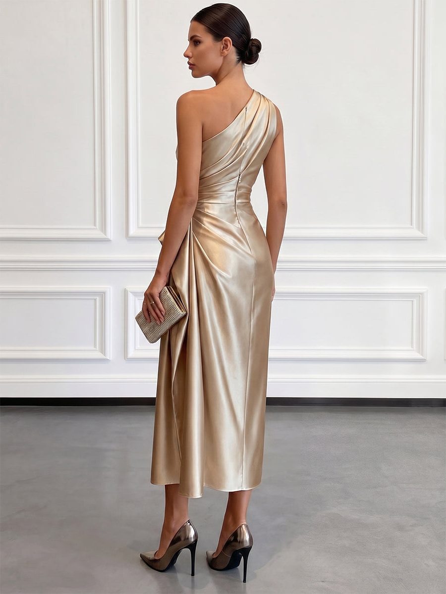 Women's asymmetrical ruched midi dress, a chic one-shoulder design for evening wear and parties.