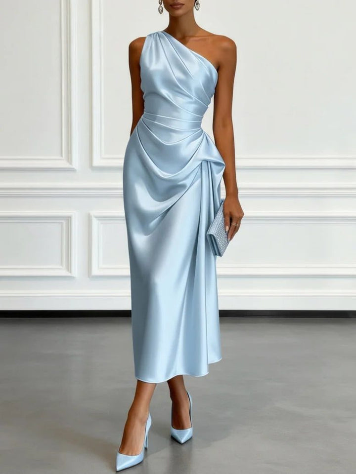 Formal one-shoulder midi dress with elegant ruching, perfect for special occasions & wedding guests.
